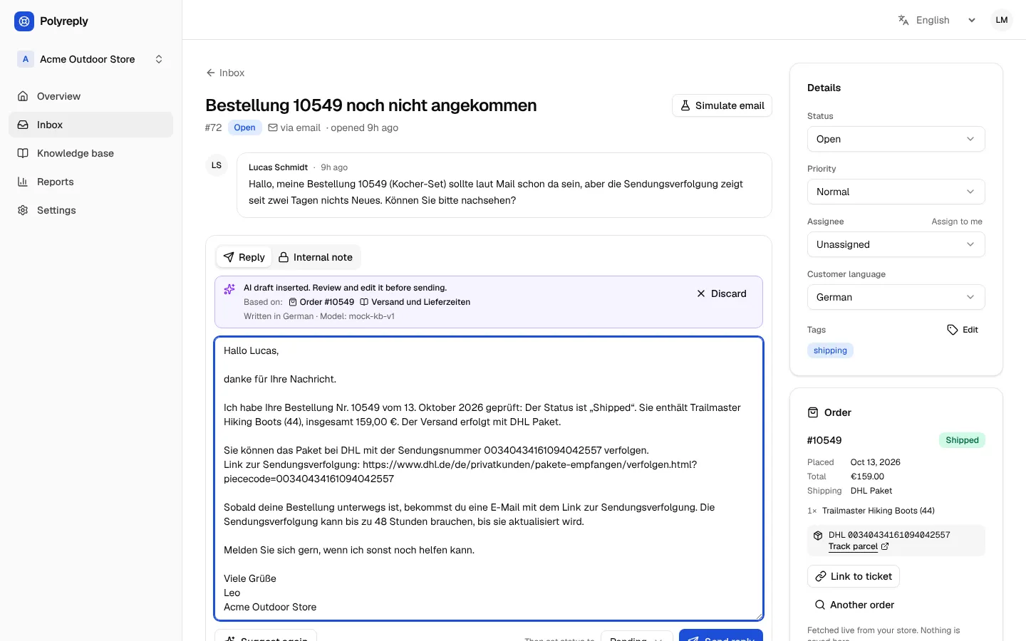 Ticket from a German customer about order 10549: the message, the order card with its DHL tracking number, and an AI reply draft in German ready to edit
